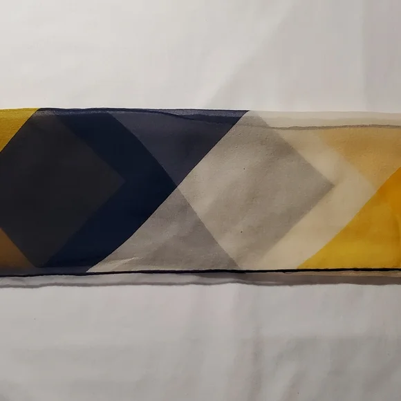 Semi-transparent White Navy and Yellow Chevron Print Vintage Silk Scarf - Picture 2 of 15